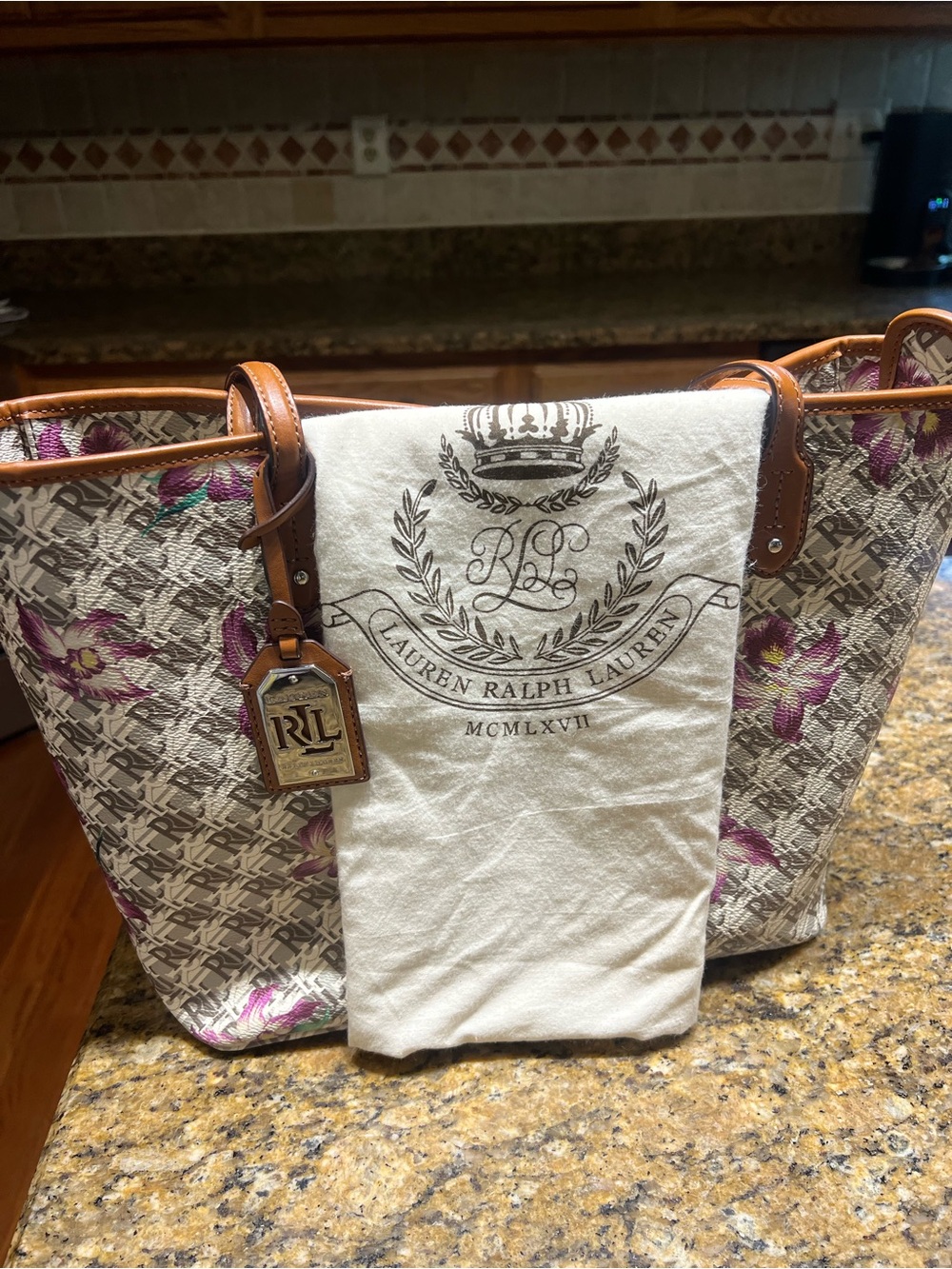 Lauren Ralph Lauren Beige Monogram Tote with Pink Floral Accents